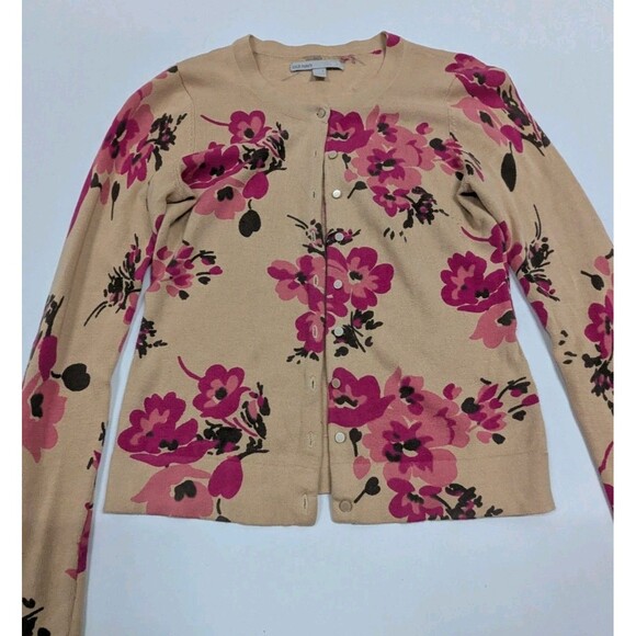 Old Navy Button Front Fitted Brown & Pink Floral Cardigan Sweater Size Small - Picture 5 of 6
